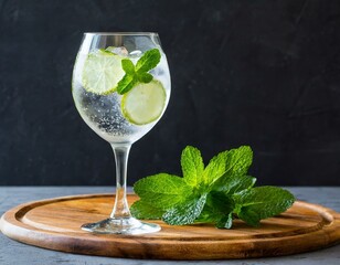 Gon tonic on glass with lemon and mint leaves