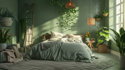 Bed between ladder and plant in green bedroom interior with grey carpet under lamps