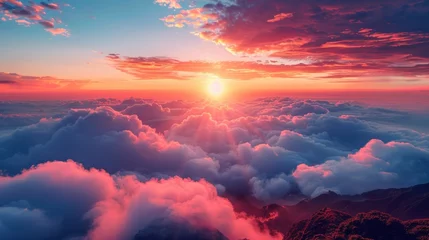 Rolgordijnen Inspiring sunrise over misty mountains, symbolizing new beginnings and endless possibilities © TheNoteTravel