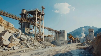 Fototapeta premium Cement production factory on mining quarry. Conveyor belt of heavy machinery loads stones and gravel