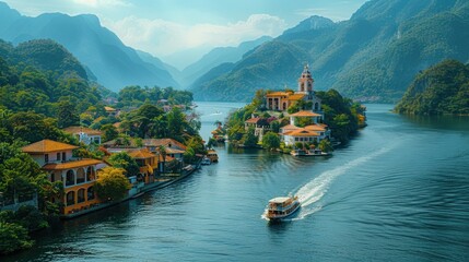 Tranquil river cruise past historic landmarks and traditional villages, offering a glimpse into the past - obrazy, fototapety, plakaty