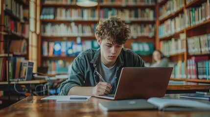 Concentrated teen male student in casual clothes sitting at wooden table with laptop and writing notes while preparing for exam in library