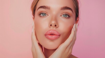 Cosmetics and skin care Portrait of beautiful woman pucker lips kissing showing natural clean facial skin standing over pink background