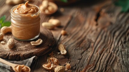 Creamy and smooth peanut butter in jar on wood table. Natural nutrition and organic food. Selective focus.