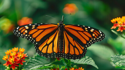 Fototapeta na wymiar Radiant monarch butterfly resting on a blooming