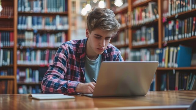 Concentrated teen male student in casual clothes sitting at wooden table with laptop and writing notes while preparing for exam in library