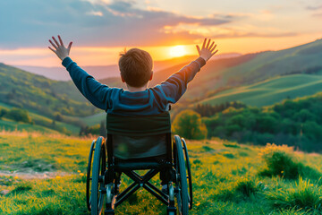 Back view of young boy with raised hands up, sitting on a wheelchair and enjoying sunset with mountains in the background