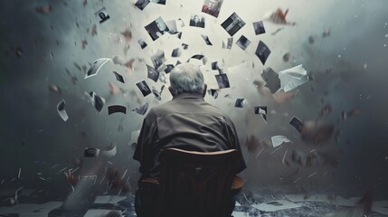 A poignant depiction of a senior man sitting surrounded by photographs that are slowly dissolving into thin air, symbolizing the fading of cherished memories. - obrazy, fototapety, plakaty