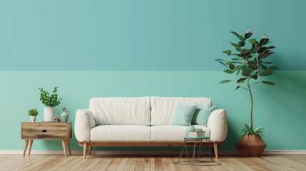 green mint wall with sofa & sideboard on wood floor-interior