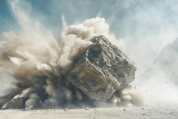 exploding rock boulder with dust cloud dynamic abstract texture - obrazy, fototapety, plakaty