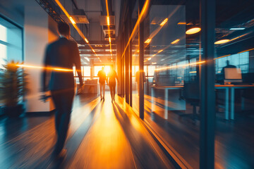 Bright business workplace with people in walking in blurred motion in modern office space