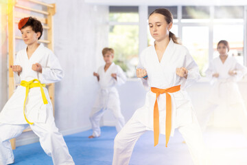 Group of karate kids practicing karate technique in gym