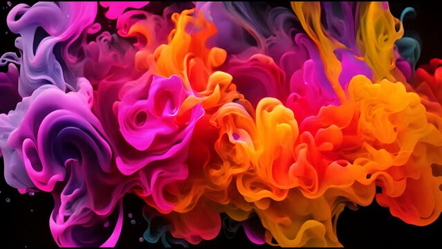  Black background, colorful ink flowing in water, colorful smoke, a purple, yellow and orange color combination, red, pink, blue.