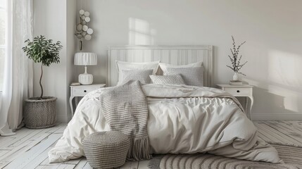 Interior of white and gray cozy bedroom