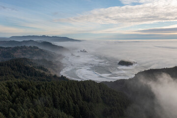 Elevated view of Myers Creek Beach inOregon with afternoon fog rolling in.