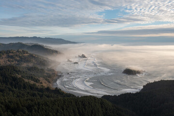 Elevated view of Myers Creek Beach inOregon with afternoon fog rolling in.