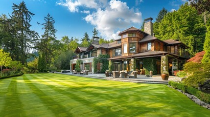 Fototapeta na wymiar Luxury house with freshly mown grass lawn Home exterior