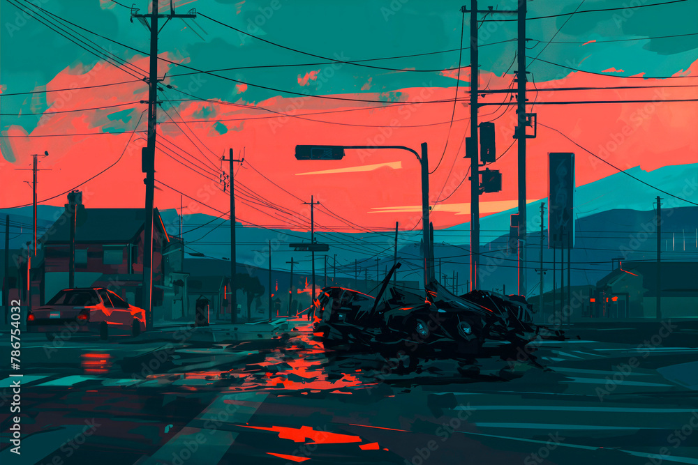 Wall mural cityscape at sunset with vibrant red and pink skies, featuring silhouetted power lines, street signs