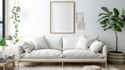 Modern, white minimalist interior. Modern interior design for posters in the living room layout with a white sofa with space to copy. High quality photo