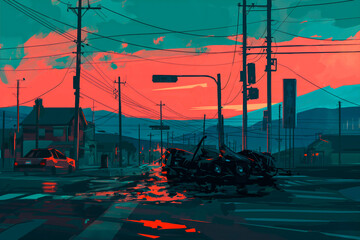 Cityscape at sunset with vibrant red and pink skies, featuring silhouetted power lines, street signs, and a car wreck at a crossroad, reflecting a dramatic urban scene.
