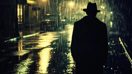 Film Noir Style: Male Detective Stands in Night Street Rain