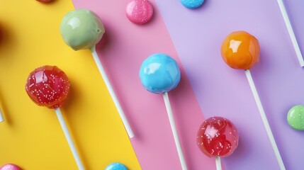 Multicolored round candy and colored lollipops on colored bright backgrounds. Top view