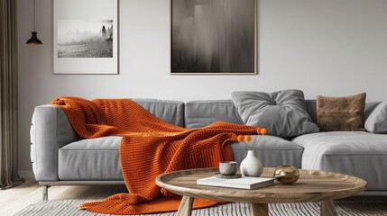 Orange blanket on grey sofa in modern apartment interior with poster and wooden table