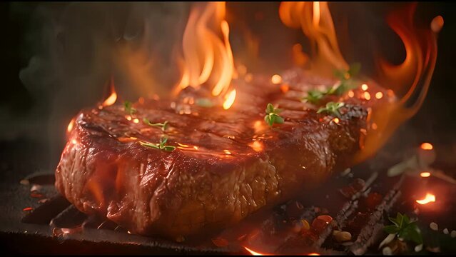 A photorealistic steak on fire against a black background, in the style of food photography with studio lighting and professional color grading, soft shadows, no contrast, clean sharp focus