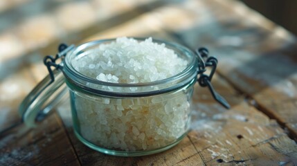 Jar of sea salt on a wooden surface