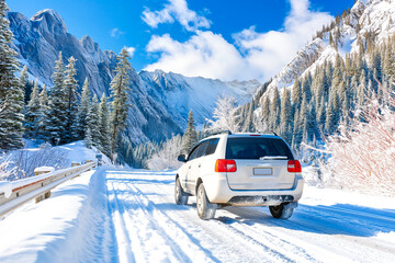 A white SUV driving on a snowy road surrounded by pine trees and mountains under a clear blue sky. - Powered by Adobe