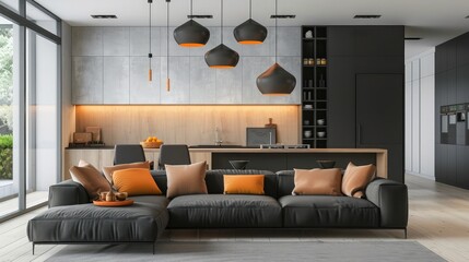 Pendant lights hanging on ceiling in modern kitchen and cushions arranged on sofa in living room