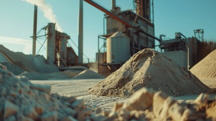 Fototapeta premium People are working in the industry. Modern technologies work at a cement plant. Technological work on the production of cement. Working atmosphere with copy space. Heaps of sand and soil