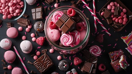 Pink lollipop candies in jar with various milk chocolate and jelly gums candies on black with liquorice allsorts and strawberry bonbons and large variety of sweets and candies.