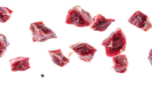 Pieces of fresh meat levitate on a white background