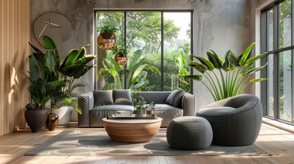 Pouf and gray armchair in spacious living room interior with plants and sofa near wooden table