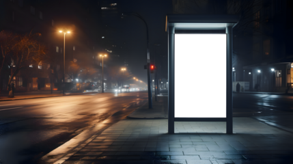 Nextvertical small city billboard advertising city format. mockup at night with white field billboard in a city with a business center glowing advertising box