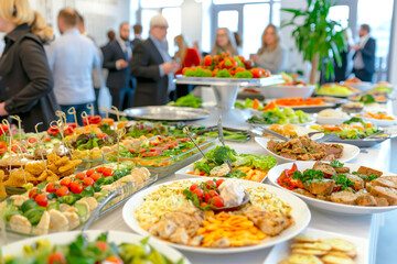 Catering in the office. Table with canapes and various snacks served on the background of a business meeting.