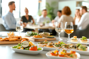 Catering in the office. Table with canapes and various snacks served on the background of a business meeting, with business people in background