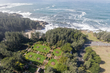 Beautiful english gardens in Shore Acres Oregon viewed from avobe - 786754635