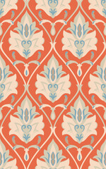 Seamless orange damask pattern. Vintage vector ornament. Oriental background for a wallpaper, textile, carpet, wrapping paper.  - 786754636