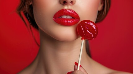 Sexy woman with red lips holding lollipop, beauty closeup - obrazy, fototapety, plakaty