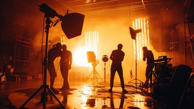 Silhouette images of video production behind the scenes making of TV commercial movie that film crew team light man and cameraman working together with film director in studio film production concept