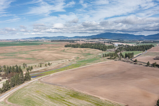 A large, open field with a road running through it. The sky is clear and blue, and the trees are sparse