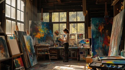 A painter stands back to ponder the progress of a vibrant abstract painting in a bright, art-filled studio. AIG41