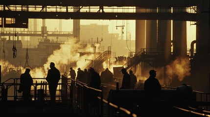 A powerful scene of workers clocking in at dawn, their silhouettes against the backdrop of a bustling factory, symbolizing the start of another day's contribution to industry and society.