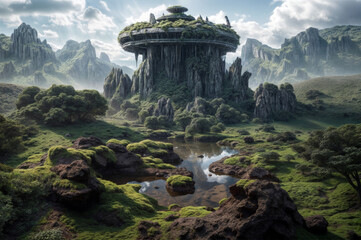 Fantasy landscape with strange alien planet. illustration.