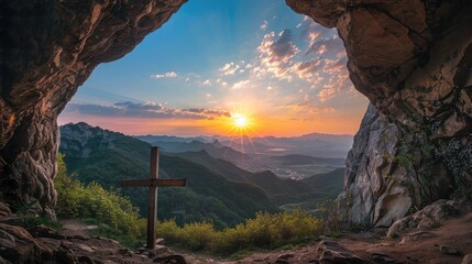 Sunset view of a wooden cross from a cave - obrazy, fototapety, plakaty