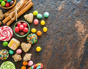 Assortment of candies and sweets with copy space background