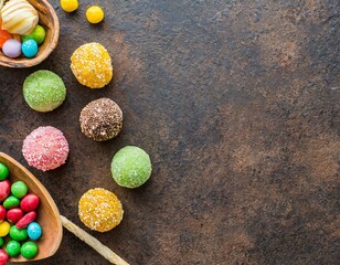 Assortment of colorful candies and sweets with background and copy space to the right