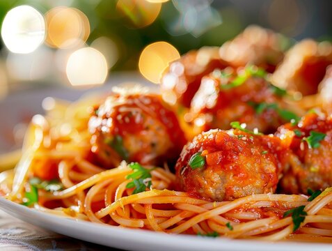 Spaghetti and Meatballs Tomato Sauce Pasta Plate Food Dinner Background Image	
